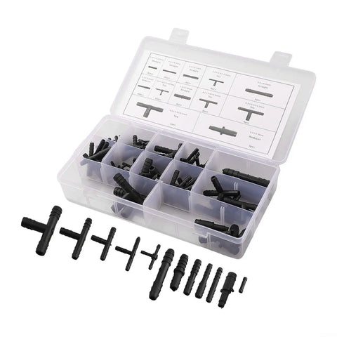 113 Piece Hose Connector Kit With Reducers, Straight Fittings And T Connectors in plastic box for plumbing repairs, black
