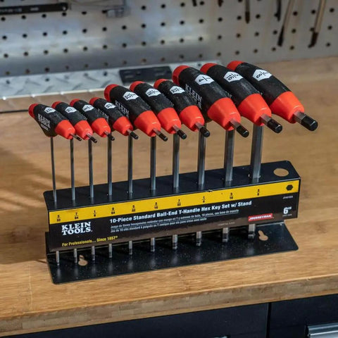Ball End Hex Key Set With 6 Inch Blades For Angled Access And Tight Spots 10 Piece SAE Inch Wrench Kit With Stand Pro Grade Journeyman Dual Material Handles Rust Resistant Treated Steel Double Ended Keys Klein Tools
