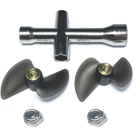Two Pack H102 RC Boat Propellers For H120 H100 H106 H108 With Nuts And Wrench Replacement Propeller Set Displayed