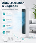 Ultra Quiet Bladeless Personal Cooling Fan With Cordless Rechargeable Power For Bedroom Or Office Oscillating Desk Cooler Safe 3 Speed Small Room Cooling White with remote control and auto oscillation feature.