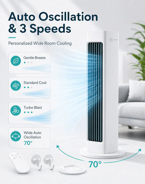 Ultra Quiet Bladeless Personal Cooling Fan With Cordless Rechargeable Power For Bedroom Or Office Oscillating Desk Cooler Safe 3 Speed Small Room Cooling White with remote control and auto oscillation feature.