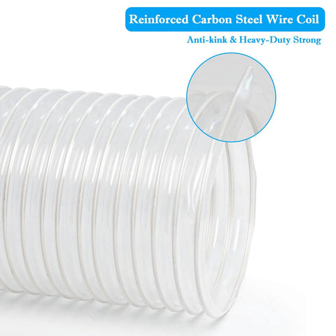 Reinforced carbon steel wire coil of Heavy Duty 4 By 50 Feet Flexible PVC Hose Kicks Up Sawdust Clean With Puncture Resistant Build.