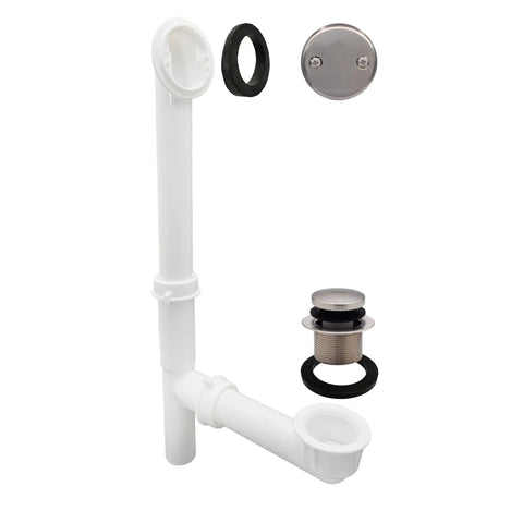 14 Inch Tub Waste And Overflow Assembly One And A Half Inch With White Slip Joint Tubing And ADA Hands Free Tip Toe Drain Plug