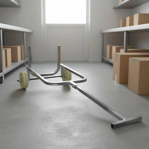 Gas Cylinder Cart With Beefy Steel Tube Frame And Long Handle Upright Push Design Front Control Bar For Stable Positioning On Construction Sites And Repair Bays Heavy Duty Cylinder Transport Hand Truck, steel wheeled frame in storage room