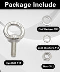 Heavy Duty Stainless Steel M4 Eye Bolts With Nuts And Washers For Rock Solid Hauling Rigging And Secure Load Attachment Tough As Nails Pack Of 12 Pro Hardware, kit components including eye bolts and washers.