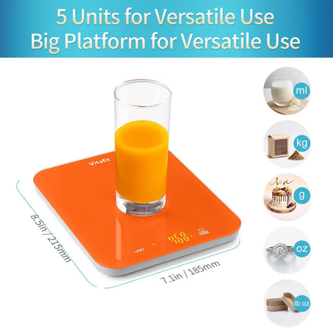 High Precision 33Lb Digital Kitchen Scale With LED Display For Precise 0.1oz 1g Readings, glass of juice on orange scale