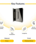 Wall Mount Full Back Plate Hinge With 5 Degree Preset Brass Polished Nickel Finish shown with key features icons displayed