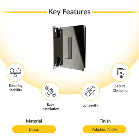 Wall Mount Full Back Plate Hinge With 5 Degree Preset Brass Polished Nickel Finish shown with key features icons displayed