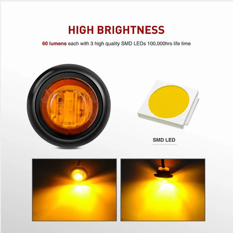 10-Pack Compact 3/4 Inch Round Clearance LED Marker Lights Kit For Truck, RV, Car, Bus, Trailer, And Boat Amber 12V, 60 lm
