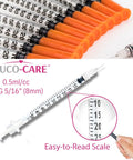 GLUCO-CARE 0.5 ml syringes, 30G x 5/16 in (8 mm), orange plungers, 100/box with easy-to-read scale