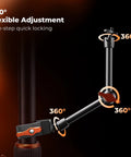 9.8 Inch Magic Arm Clamp Kit with versatile adjustment showing 360 degree ball head and quick locking mechanism.