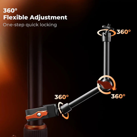 9.8 Inch Magic Arm Clamp Kit with versatile adjustment showing 360 degree ball head and quick locking mechanism.