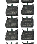 Top Shelf Pack Of 10 Green Normally Open Zbe 101 Contact Blocks, featuring ZBE-101 labels, designed for push button integration.