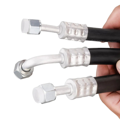 Air Conditioning Hose And Fittings Kit 26-Piece Set With 9.5-Foot Hoses In Sizes 6, 8 And 10 Includes Fittings And Pipe Cutter For DIY HVAC Repairs Great For Home Projects showing close-up of three hoses with metal fittings