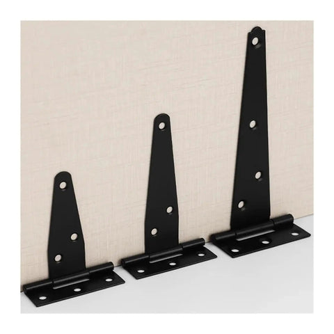 Set of black T shape iron hinges lined up, showing different sizes. Heavy duty galvanized strap hinge for doors gates sheds cabinets barns rooms.