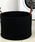 XXXLarge Cotton Rope Storage Basket With Leather Handles For Living Room Go To Organizer For Blankets Towels And Pillows Black 20x20x13 Inches