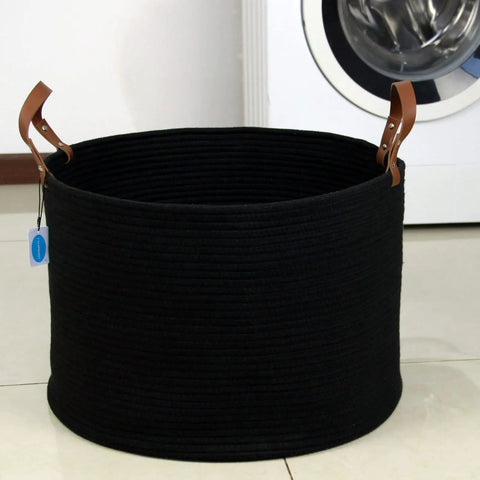 XXXLarge Cotton Rope Storage Basket With Leather Handles For Living Room Go To Organizer For Blankets Towels And Pillows Black 20x20x13 Inches