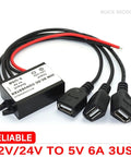 Beefed Up 12V 24V To 5V Car Power Converter With Triple USB Ports, 6A 30W, Multi Protection System, showing cables and connectors