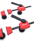 Hella Tight 12 Piece MFT Table Clamp Kit For Workbenches featuring red horizontal clamps and black knobs for secure grip.