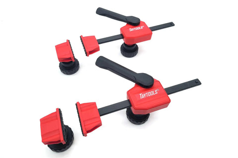 Hella Tight 12 Piece MFT Table Clamp Kit For Workbenches featuring red horizontal clamps and black knobs for secure grip.