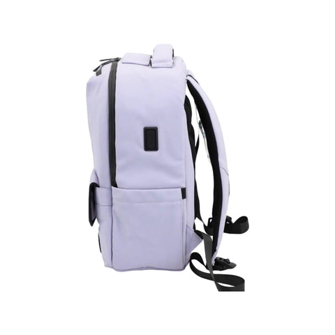 Smell Proof Executive Tech Adventure Backpack Hits Different With A Secret Combo Lock And Usb C Pass Through Port For Your Fifteen Inch Laptop In Clean Titanium Black Finish side view with pocket and handle.