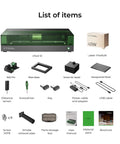 xTool S1 laser cutter front view with green lid; bundled with laser module, honeycomb panel, riser base