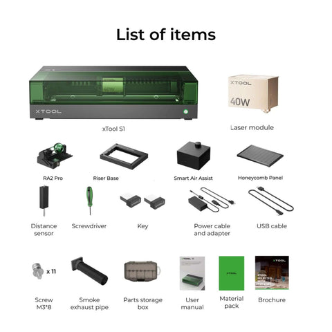 xTool S1 laser cutter front view with green lid; bundled with laser module, honeycomb panel, riser base