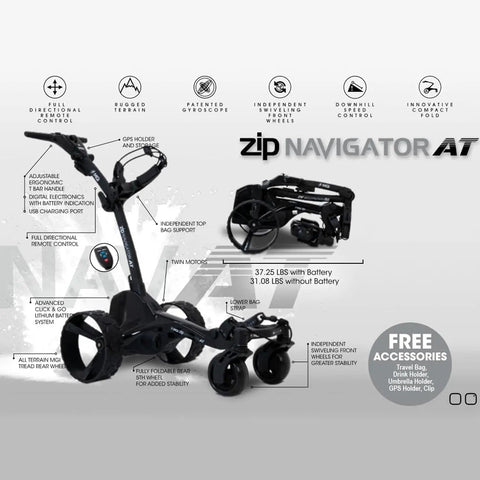 No Drama All Terrain Remote Electric Golf Cart With Full Zip Folding Frame plays thirty six holes, features twin motors and USB charging.