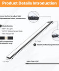Rechargeable Motion Sensor Closet Lights 2 Pack No Fuss 4200mAh Battery, product features with dimensions and buttons