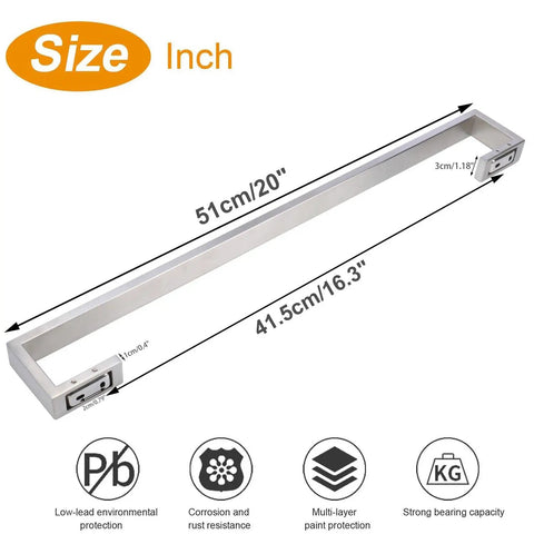 Square Base Wall Mounted Towel Rack, Heavy Duty 20 Inch Towel Bar in Brushed Nickel, SUS304 Stainless Steel, Seamless Concealed Mount with dimensions.