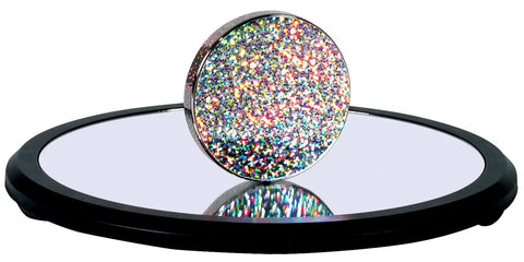 Chrome disk with colorful foils on a 9-inch mirror base, part of Euler's Disk Kinetic Toy With Interchangeable Foils For A Hypnotic Light And Sound Display That Doubles As Desk Decor For Home And Office Ideal For Adults And Kids 8 And Up.