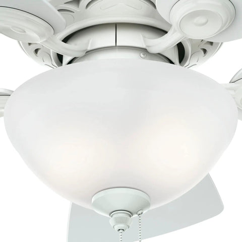Close-up of the 34 Inch Watson Ceiling Fan With LED Light Kit In Snow White Finish Pull Chain Multi Speed Whisper Wind Motor Reversible