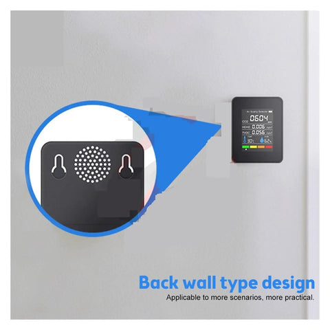 Handheld Five In One Air Quality Monitor That Sniffs Out Carbon Dioxide Co Temperature Humidity Tvoc Hcho Gas Leaks with back wall design.
