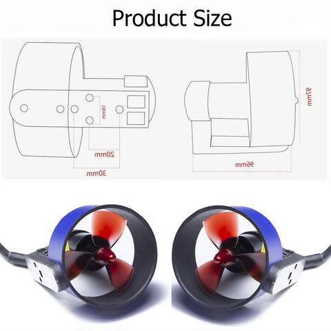 Diagram and front view of Underwater Beast Thruster With Cooling Fan 12 To 24V for kayaks and boats, brushless waterproof motor.