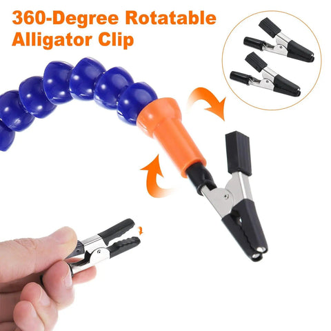 Pro Soldering Helping Hands Clamp Stand With Flexible Gooseneck Arms And 5 Rotatable Alligator Clips showing rotatable clip in use
