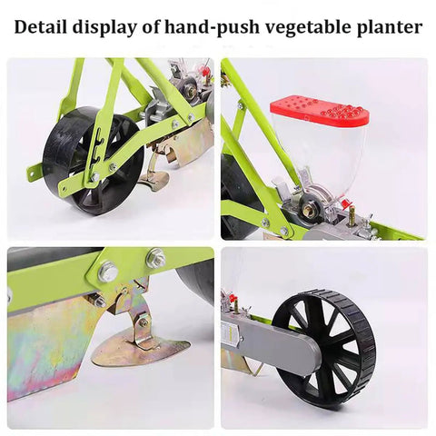 Top Notch Precision Garden Seeder And Row Planter For Walk Behind Spreading Seed In Terraces And Slopes Garden Corn And Soybean Seeder Lawn And Garden Spreaders Durable Metal Frame With Rustproof Hopper detailed close-up of parts and components.