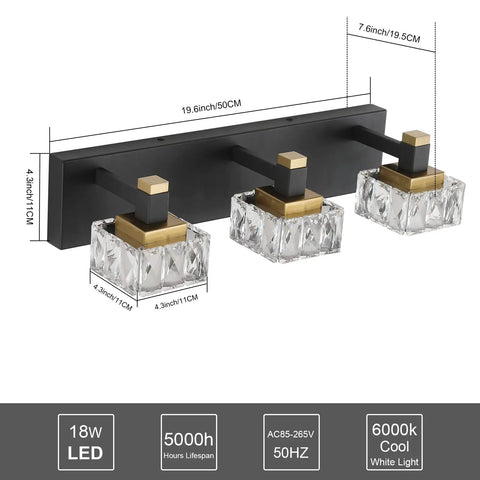 Three Light Black Brass Vanity Light For Bathroom Mirror LED Wall Fixture With Crystal Lampshades; detailed dimensions shown