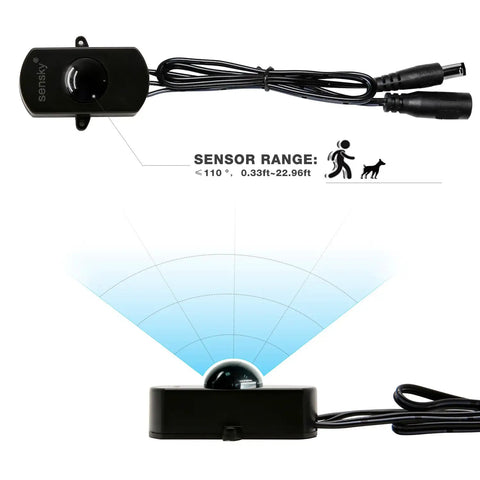 12V 24V DC Motion Sensor Light Switch Black PIR Occupancy Controller With Adjustable Delay And Sensitivity 3A Load Hands Free Auto On Off Ideal For Kitchen Cabinets Pantry Closet And LED Tape Lighting, black plastic, wired sensor