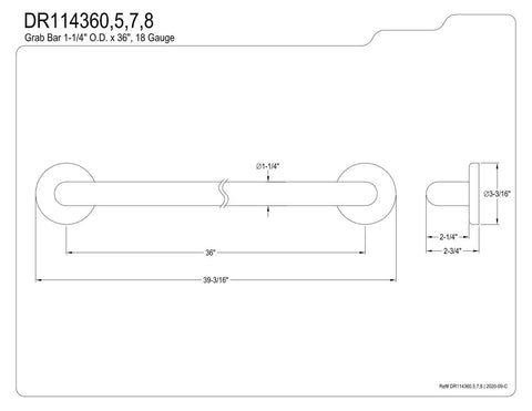 Technical drawing of Oil Rubbed Bronze 36 Inch Grab Bar With 1.25 Inch Grip Heavy Duty 304 Stainless Steel 18 Gauge Corrosion Resistant Rail