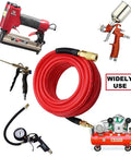 Premium Reinforced Polyurethane Air Hose For Air Compressors 1/4 Inch Diameter By 25 Feet Long with various air tools shown.