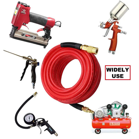 Premium Reinforced Polyurethane Air Hose For Air Compressors 1/4 Inch Diameter By 25 Feet Long with various air tools shown.