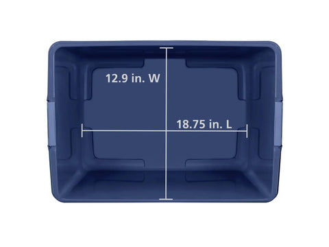 Built Tough 18 Gallon Storage Bins 2 Pack Stackable Heavy Plastic Containers dimensions showing length and width.