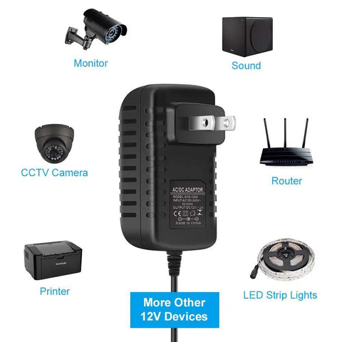 12V 2A LED Power Supply 24W AC To DC Adapter For LED Strip Lights with wall plug and compatibility icons for devices.