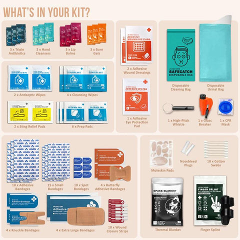 Car first aid kit contents: antiseptic wipes, bandages, eye protection pads, urine bag, window breaker, teal pouch.