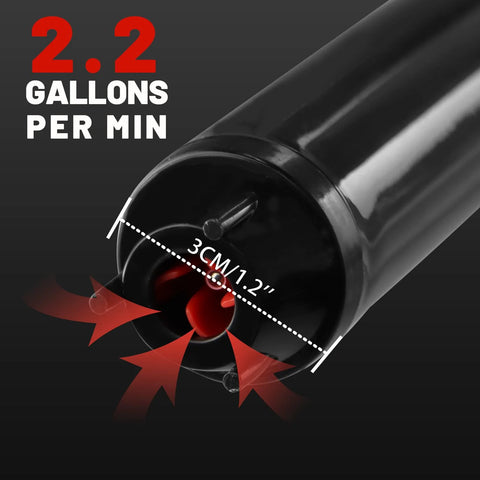 Close-up of Battery Powered Gas Transfer Pump With 3 Ft Hose And Flow Control Nozzle Delivers 2.2 GPM For Quick Transfer Of Gas, Water Or Kerosene To Cans Or Containers, Portable Handle For Easy Use At Home, Garage Or On The Go, showing the nozzle opening with 2.2 gallons per minute capacity.