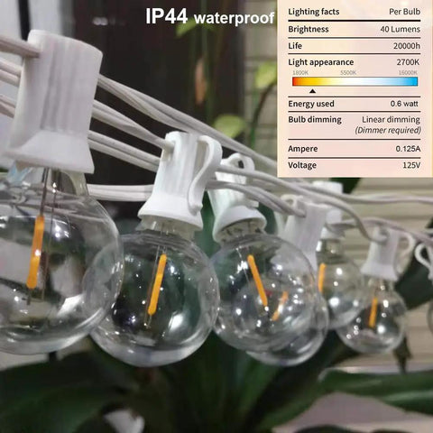 Close up of 25Ft LED String Lights With 27 Shatterproof Clear Globe Bulbs Dimmable And Energy Efficient for indoor outdoor.