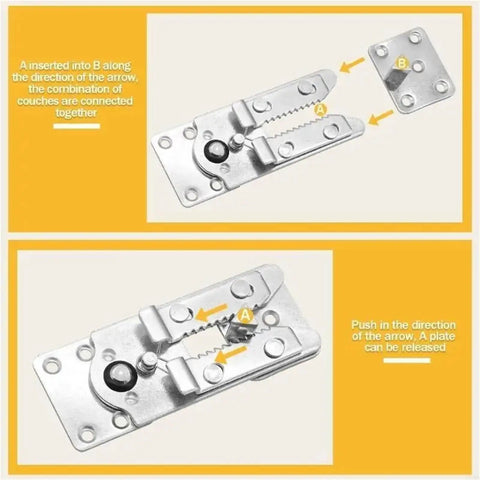 Heavy Duty Sectional Sofa Connectors 9 Piece Set With 155mm Iron Plug Buckles showing installation instructions with detailed parts.