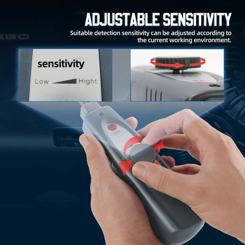 Front view of handheld ultrasonic leak detector in gray with adjustable sensitivity dial and LEAK button