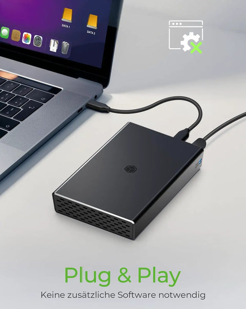 Dual Bay 2.5 Inch Sata Enclosure With Usb C Type Port For Ssd And Hard Drives connected to a laptop, showcasing its plug and play setup.