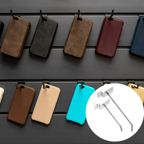 Heavy Duty Slatwall Hooks Set 50 Pieces For Phone Accessories And Retail Displays shown with phone cases on pegboard